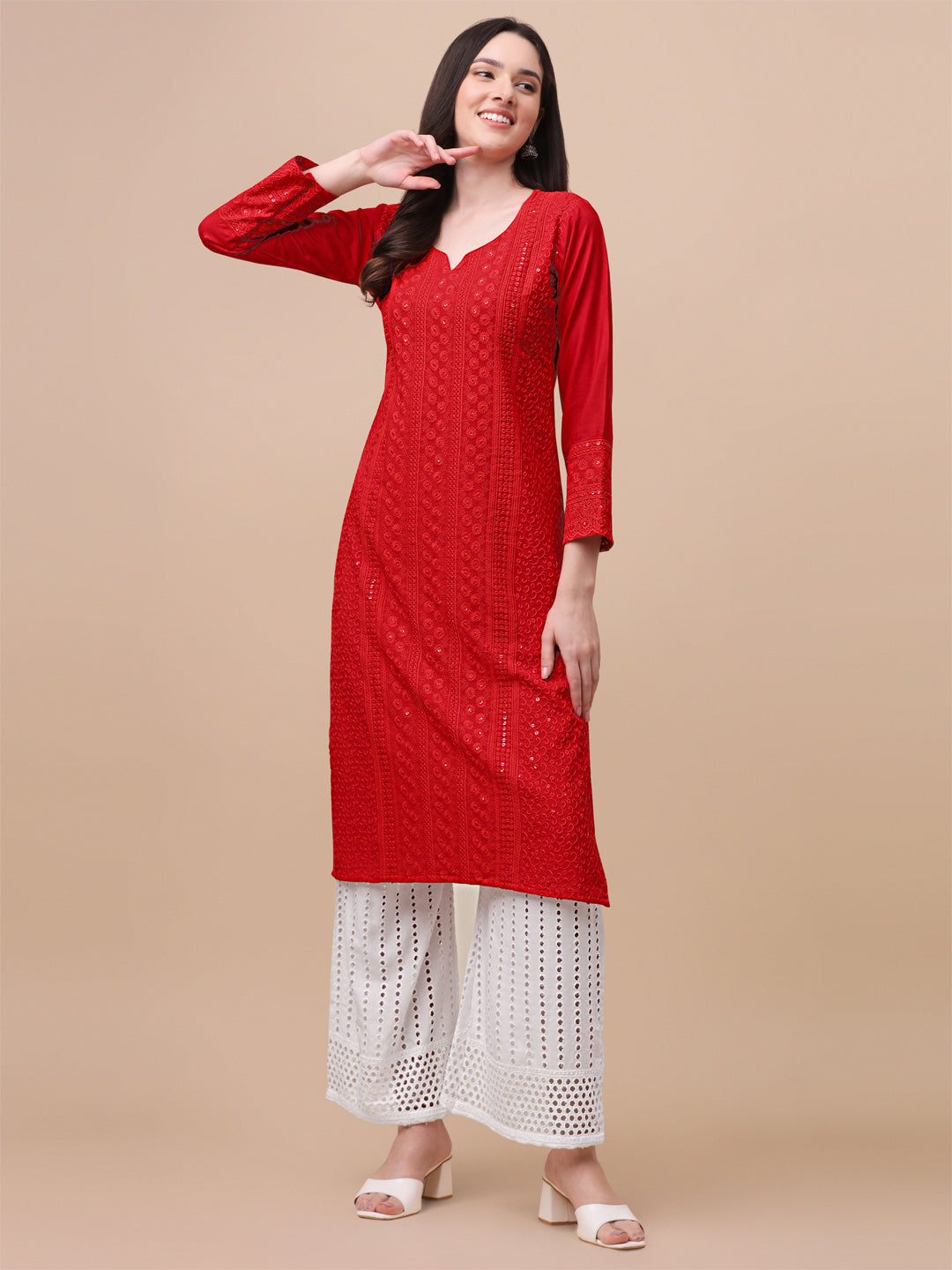 FANCY EMBROIDERY KURTI PALAZZO SET - RED