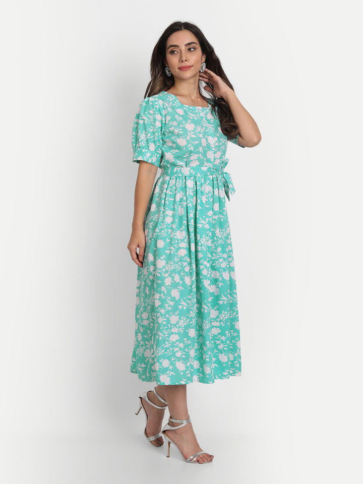 FLOWER PRINTED WITH BELT SELFIE DRESS-SEA GREEN