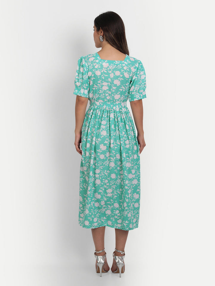 FLOWER PRINTED WITH BELT SELFIE DRESS-SEA GREEN