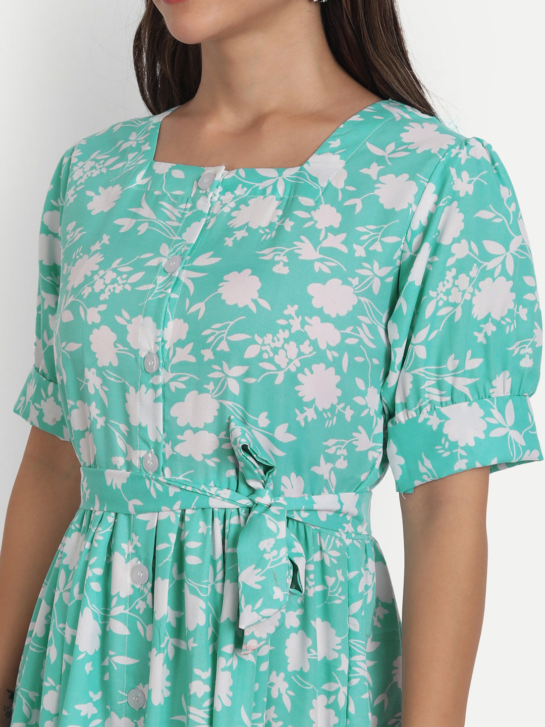 FLOWER PRINTED WITH BELT SELFIE DRESS-SEA GREEN