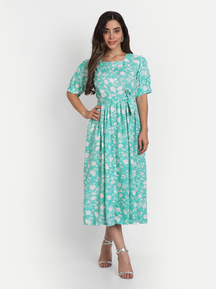 FLOWER PRINTED WITH BELT SELFIE DRESS-SEA GREEN