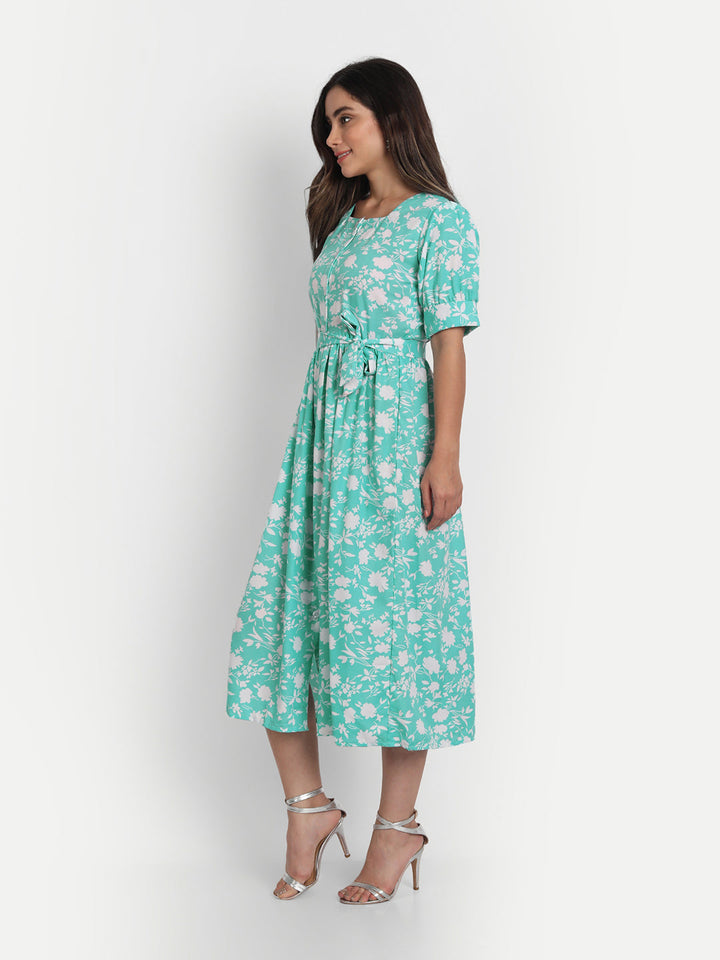 FLOWER PRINTED WITH BELT SELFIE DRESS-SEA GREEN