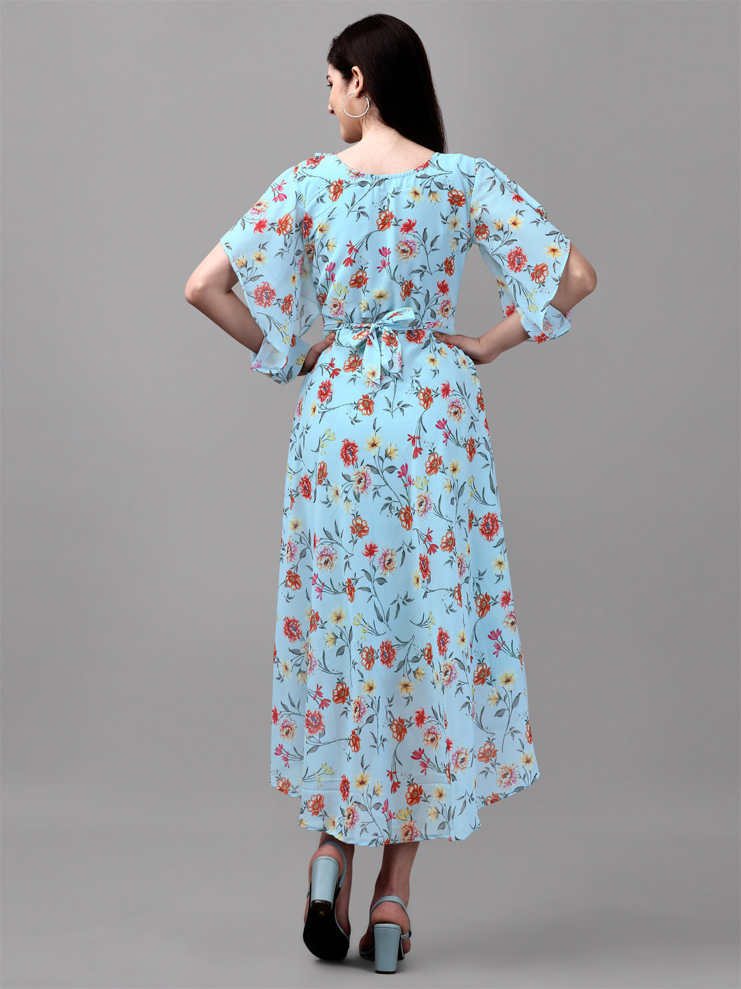 FANCY SLEEVE WITH FLORAL PRINTED GOWN - BLACK