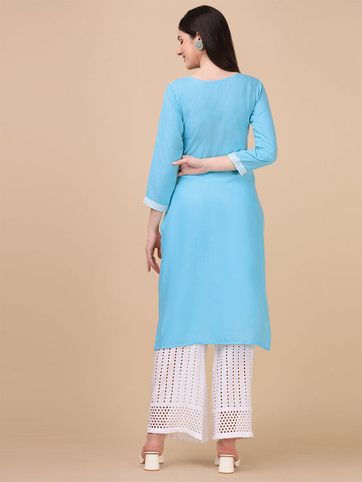 EMBROIDERY RAYON  KURTI PALAZZO SET - SKY BLUE