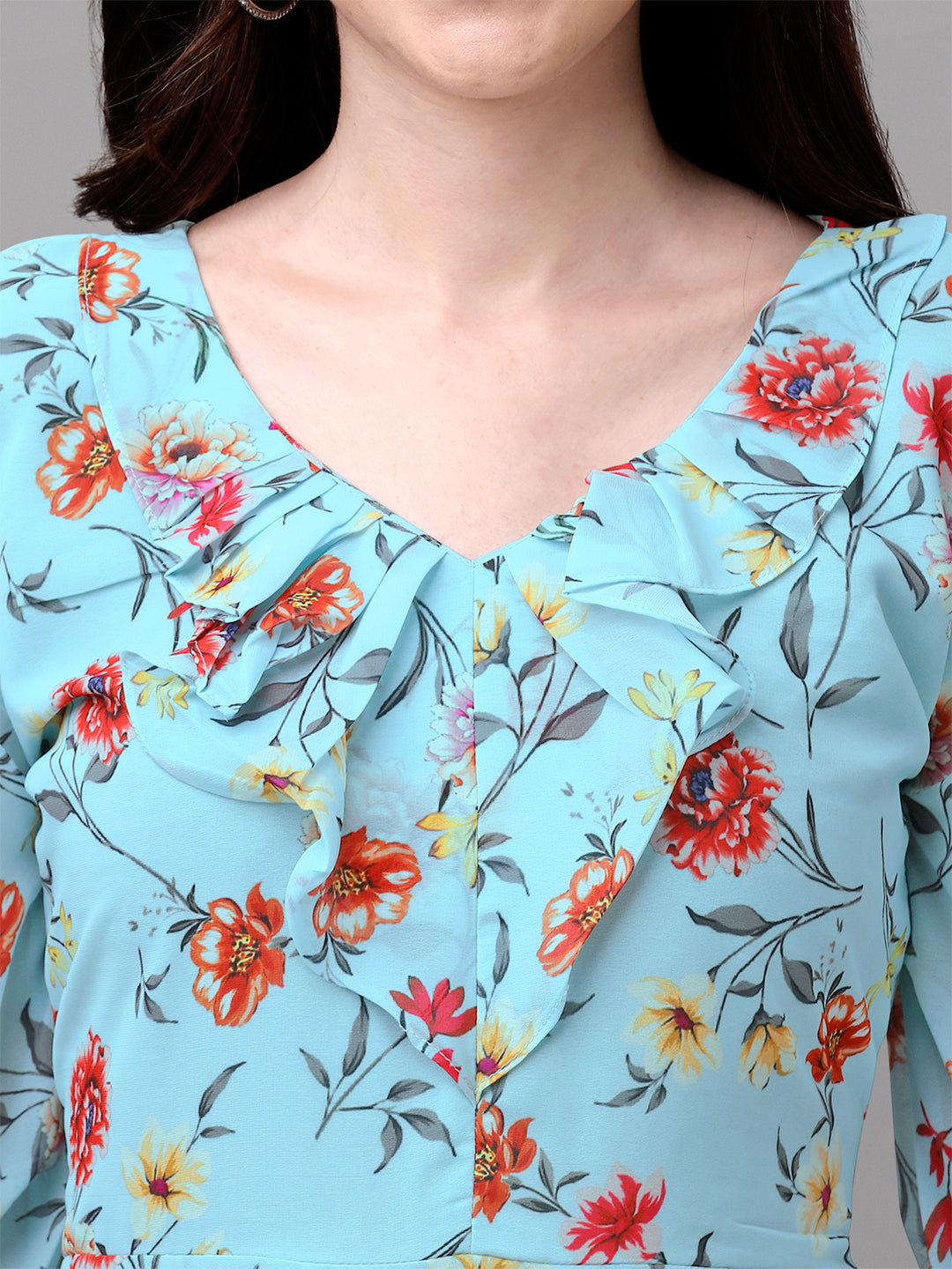 FANCY SLEEVE WITH FLORAL PRINTED GOWN - SKY BLUE