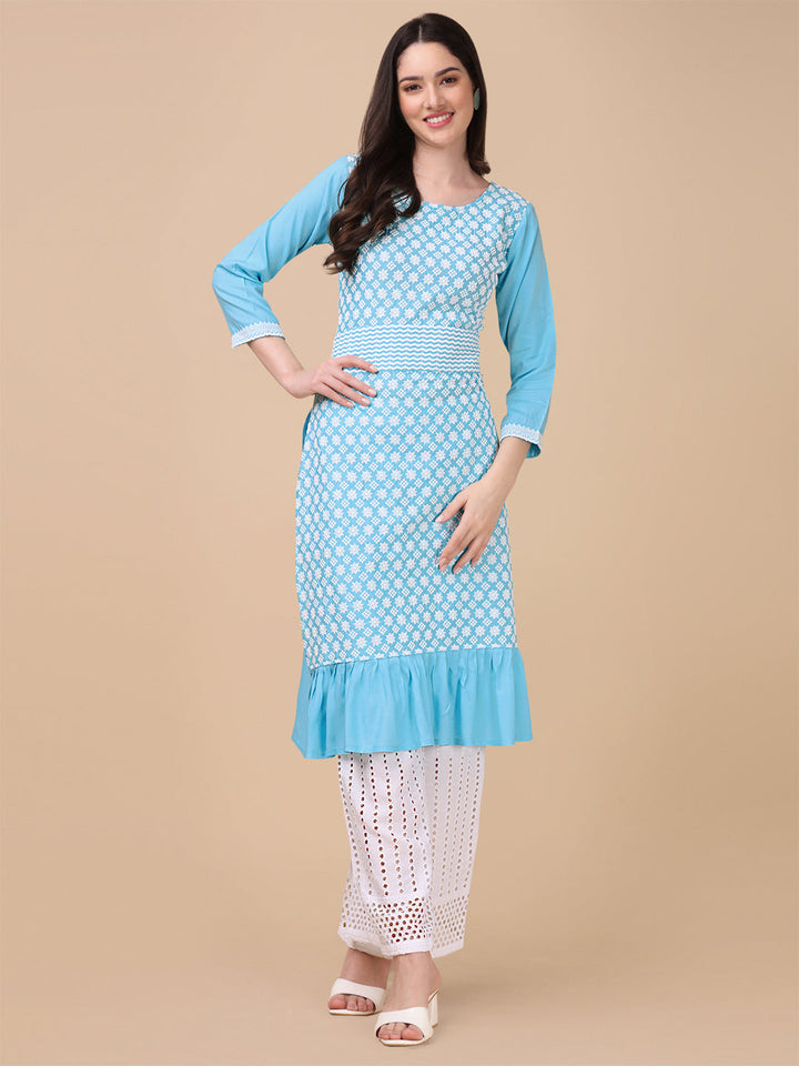 EMBROIDERY RAYON  KURTI PALAZZO SET - SKY BLUE