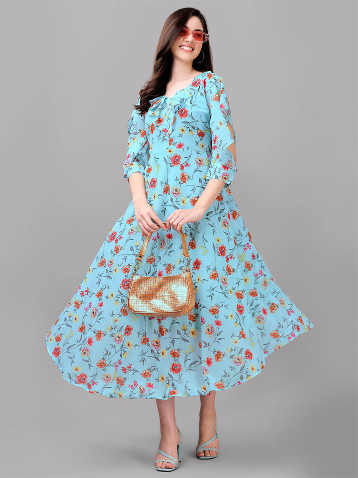 FANCY SLEEVE WITH FLORAL PRINTED GOWN - SKY BLUE