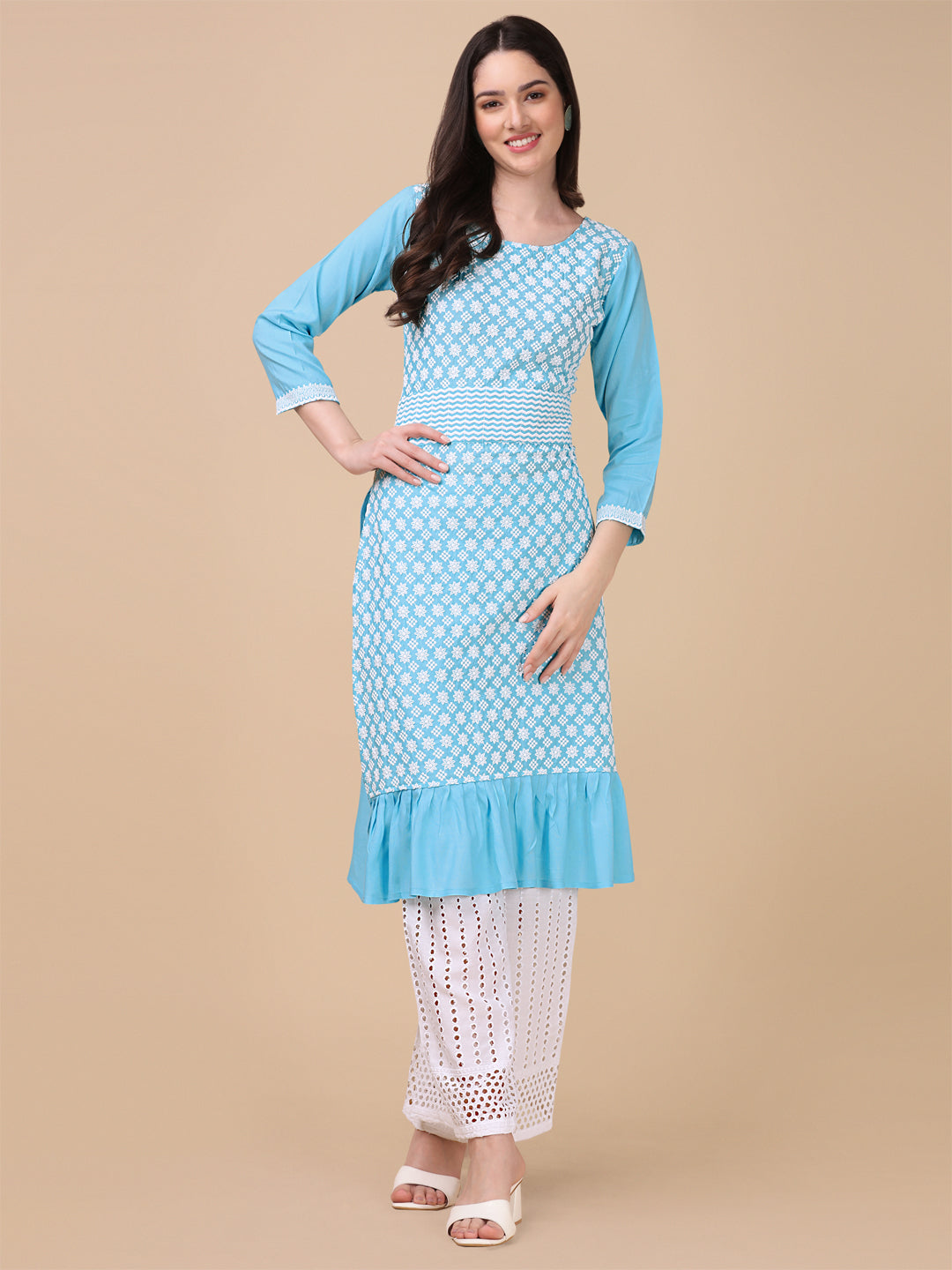 EMBROIDERY RAYON KURTI PALAZZO SET - YELLOW