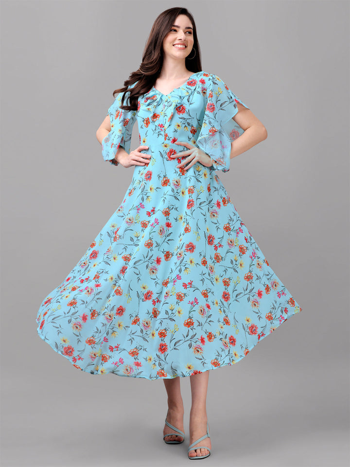 FANCY SLEEVE WITH FLORAL PRINTED GOWN - SKY BLUE