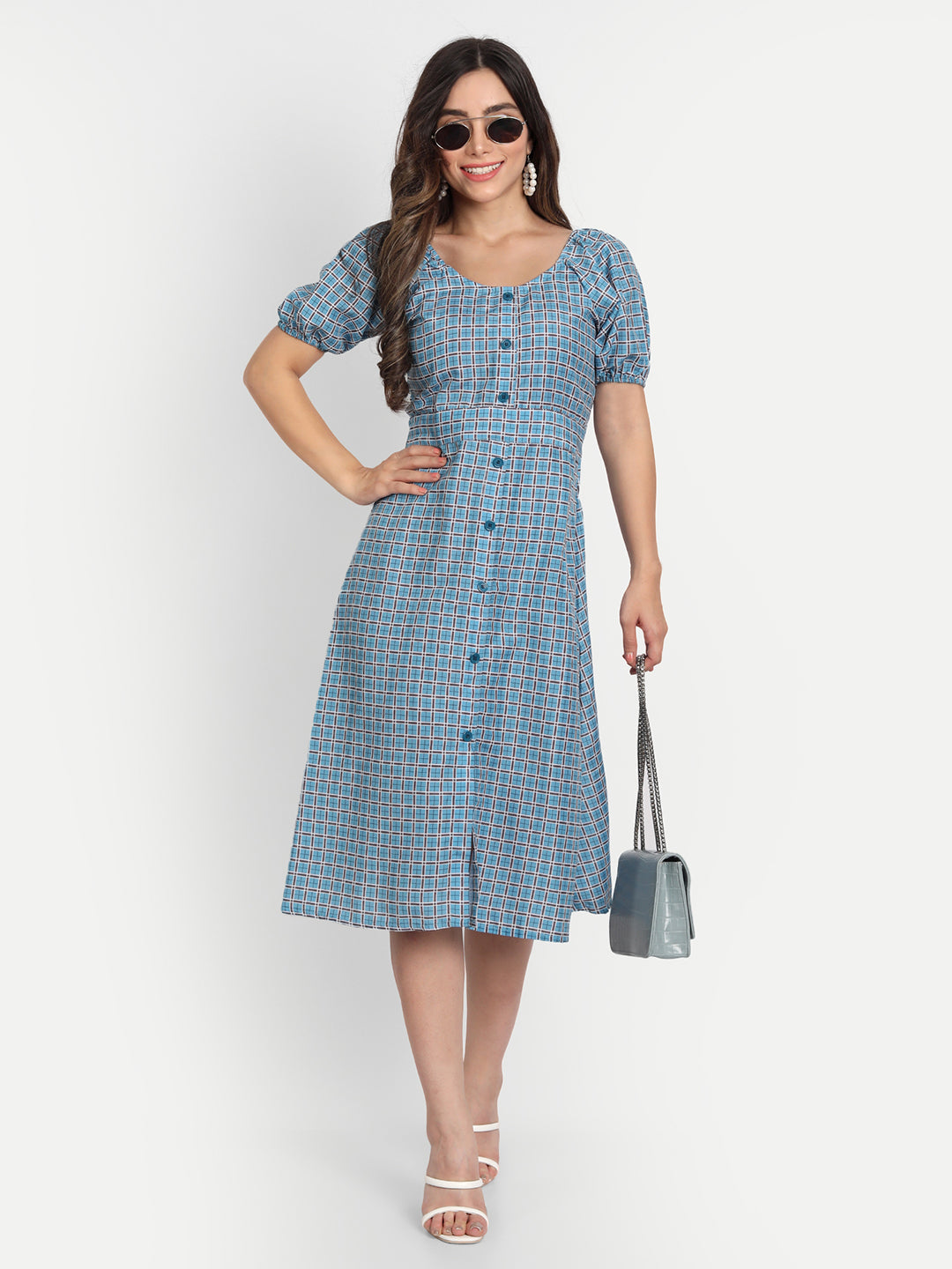 ELEGENT CHECKED AND BUTTONED DRESS - PURPLE