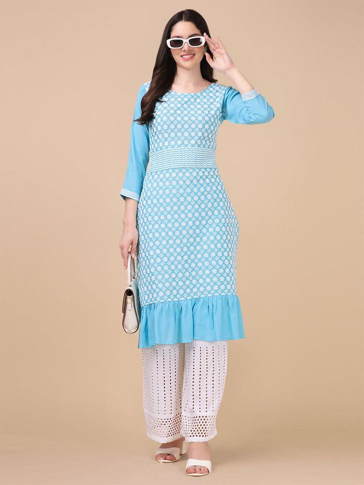 EMBROIDERY RAYON  KURTI PALAZZO SET - SKY BLUE