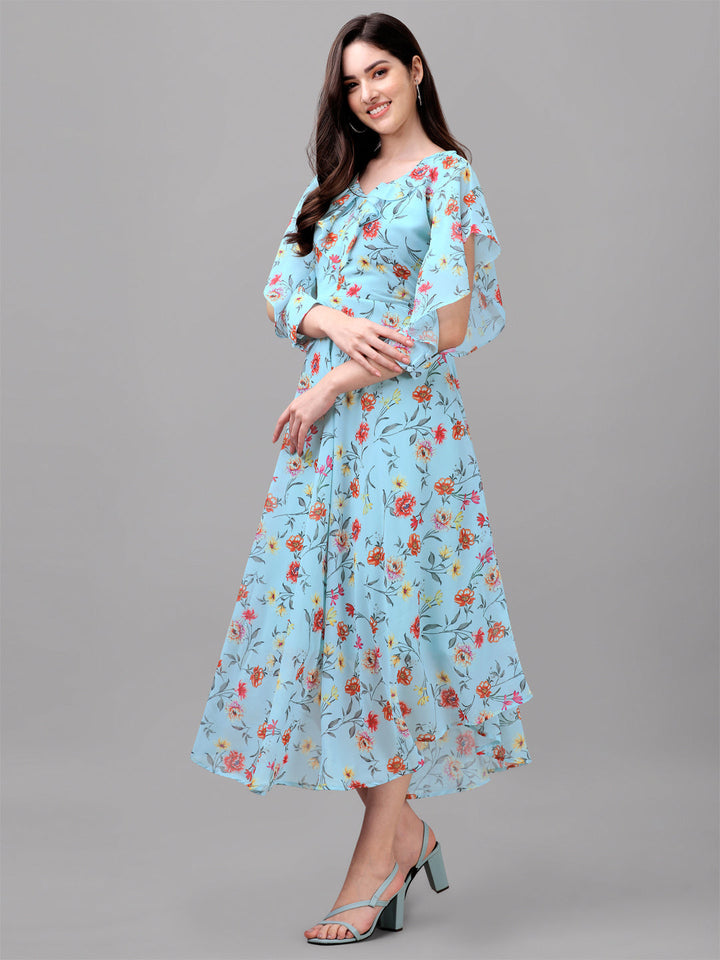 FANCY SLEEVE WITH FLORAL PRINTED GOWN - PINK