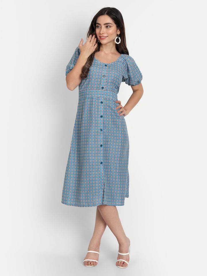 ELEGENT CHECKED AND BUTTONED DRESS - BEIGE