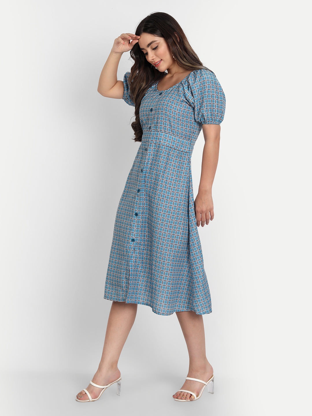 ELEGENT CHECKED AND BUTTONED DRESS - BEIGE