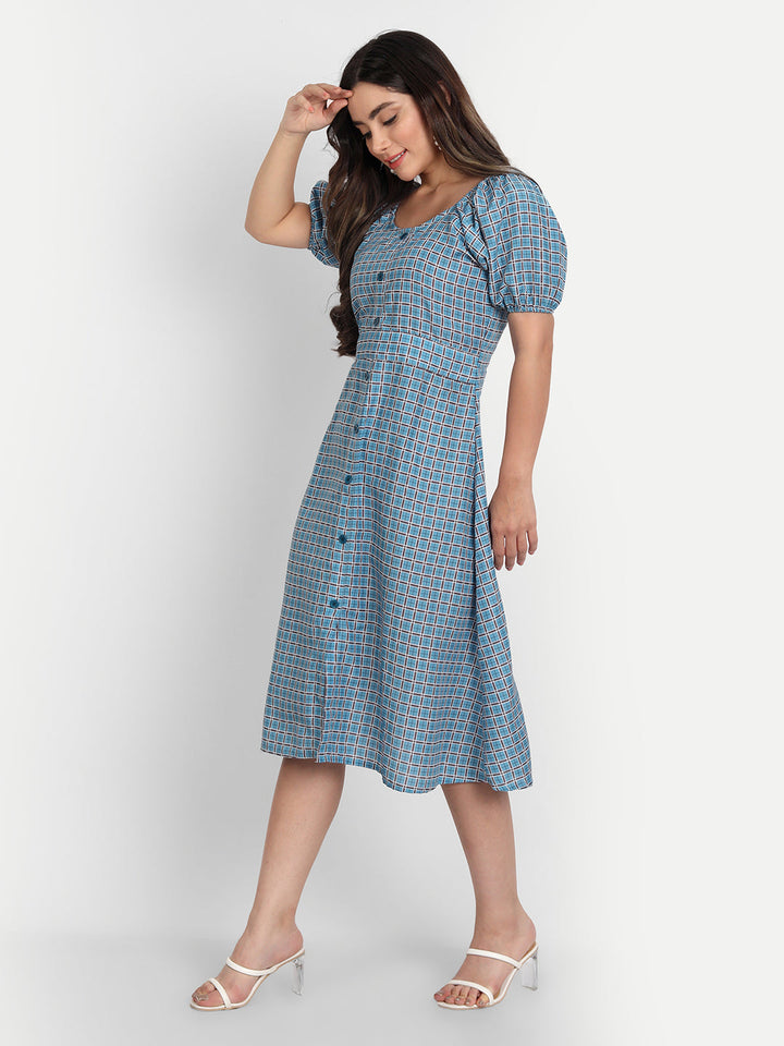 ELEGENT CHECKED AND BUTTONED DRESS - SKY BLUE