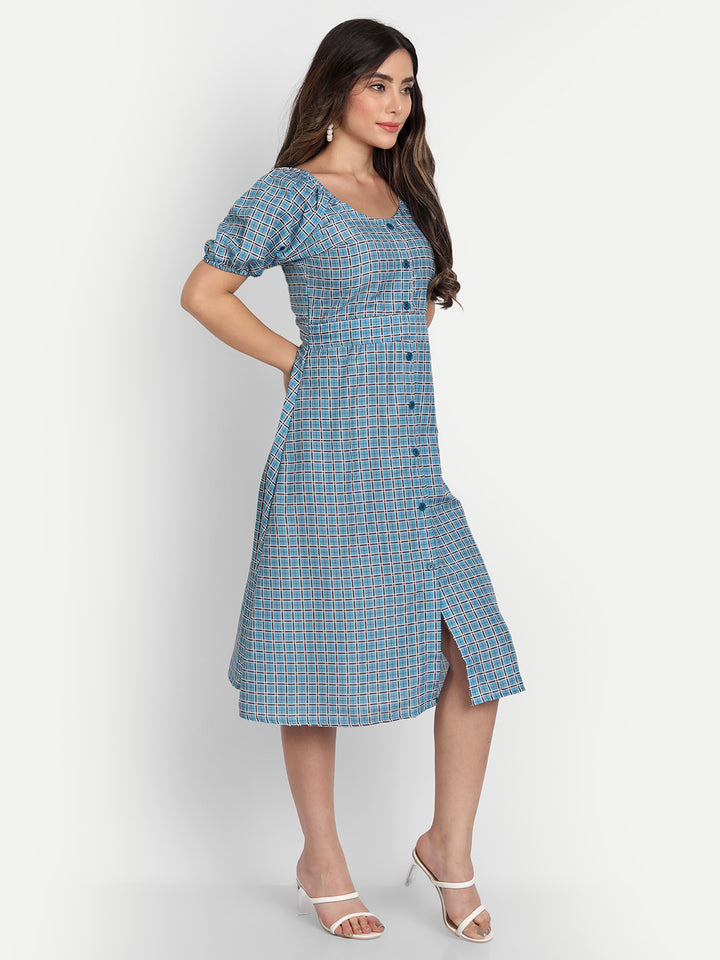 ELEGENT CHECKED AND BUTTONED DRESS - BEIGE