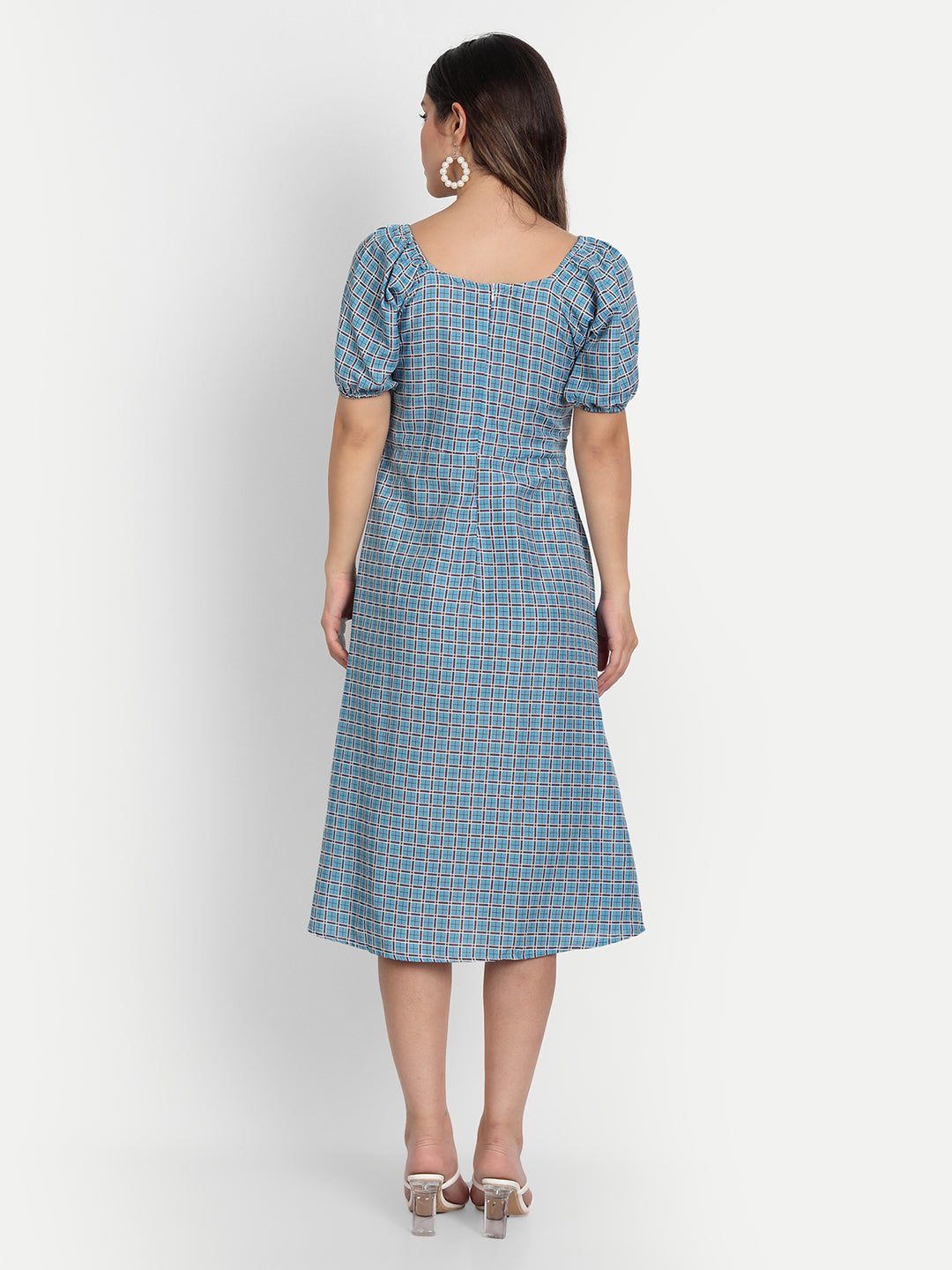 ELEGENT CHECKED AND BUTTONED DRESS - BEIGE