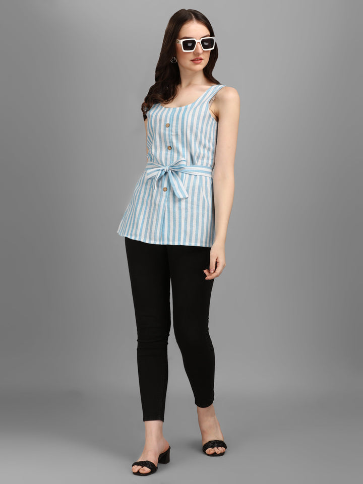 STRIPED COTTON TOP-SKY BLUE