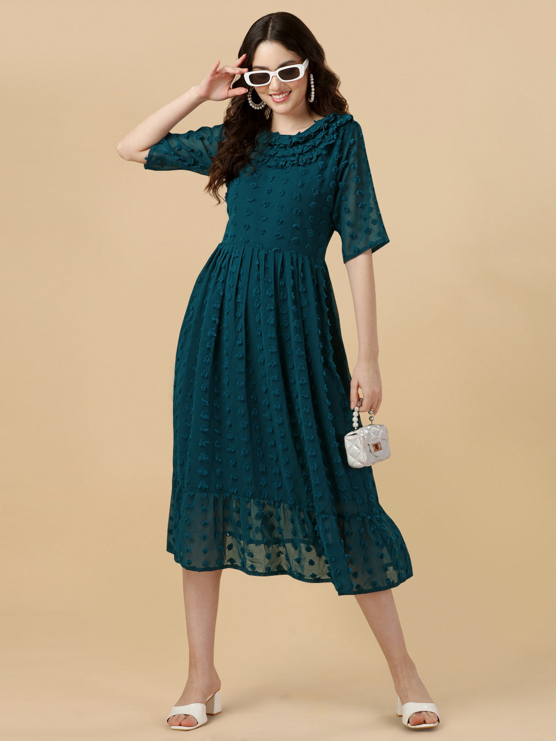 RUFFLE NECK MIDI DRESS