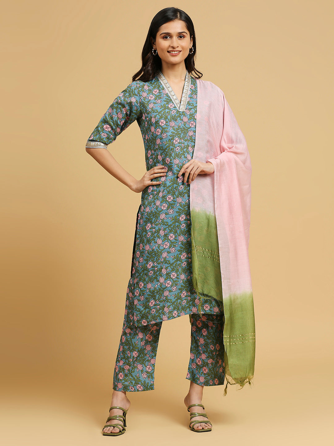 Embroidered Cotton Kurti, Pant, and Dupatta Set