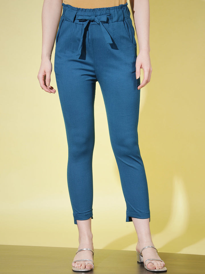 SOLID PANT WITH TIE-UPS-BLUE