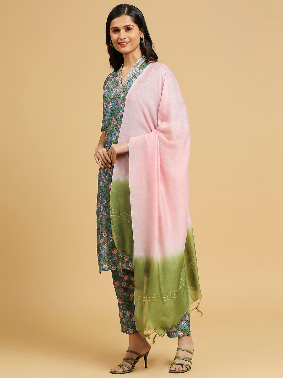 Embroidered Cotton Kurti, Pant, and Dupatta Set