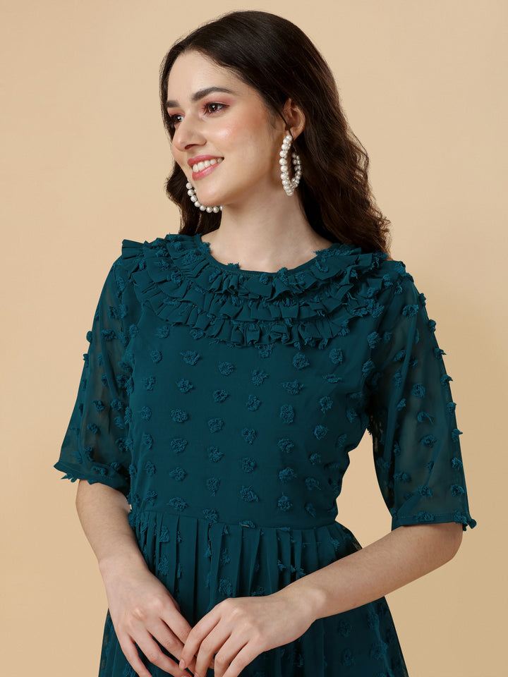 RUFFLE NECK MIDI DRESS