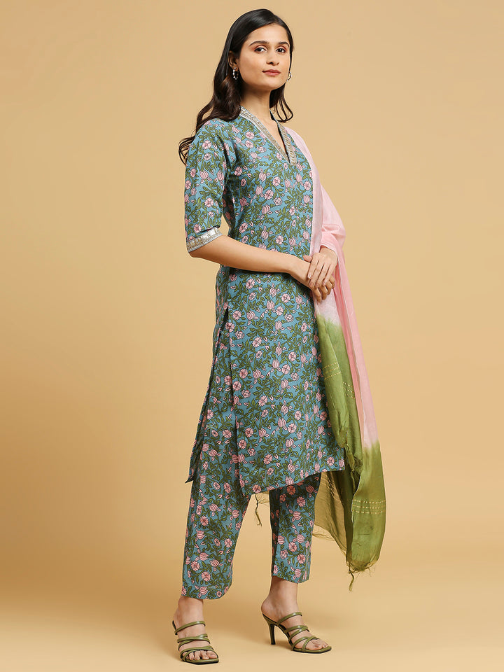 Embroidered Cotton Kurti, Pant, and Dupatta Set