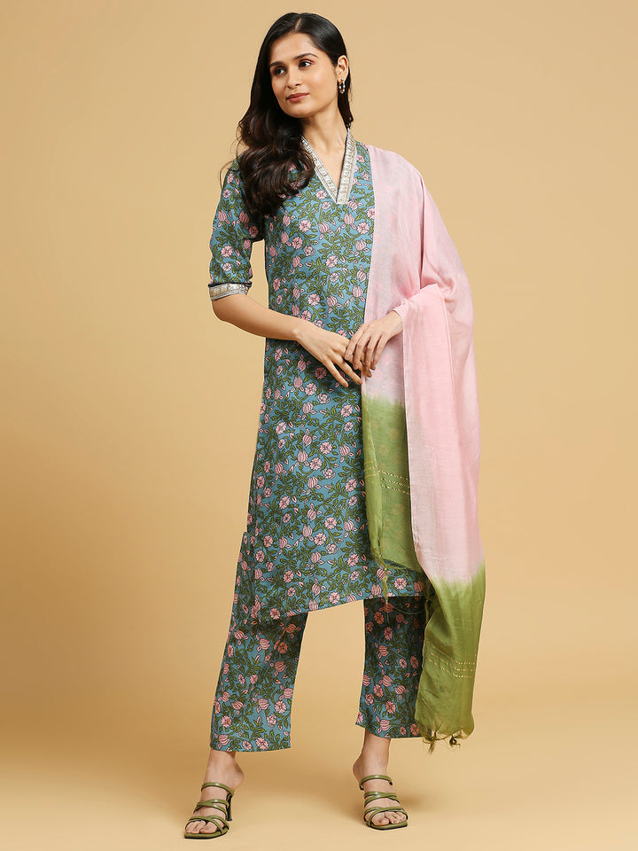 Embroidered Cotton Kurti, Pant, and Dupatta Set