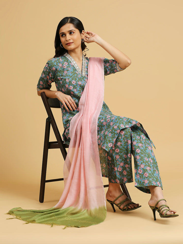 Embroidered Cotton Kurti, Pant, and Dupatta Set