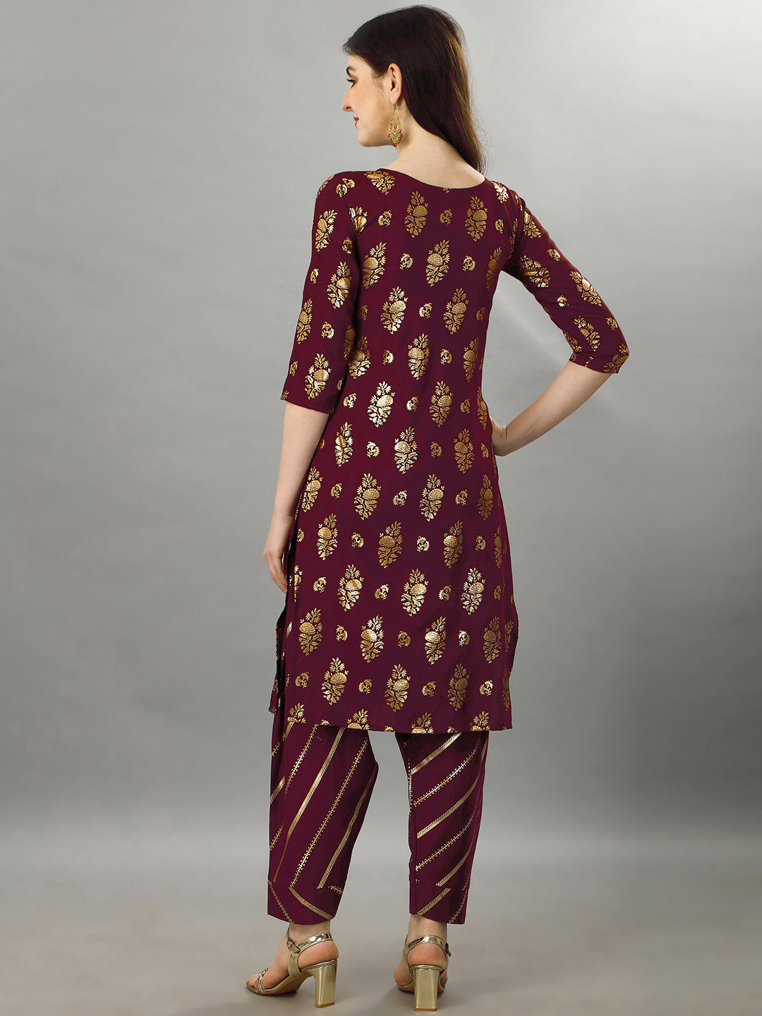 FOIL PRINTED KURTI SALAWAR SET-BEIGE