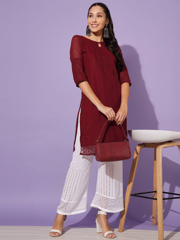 EMBROIDERY KURTI WITH PALAZZO - WINE