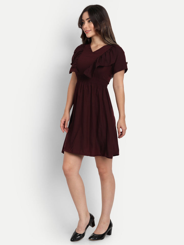 SOLID SHORT DRESS WITH RUFFLE-MAROON