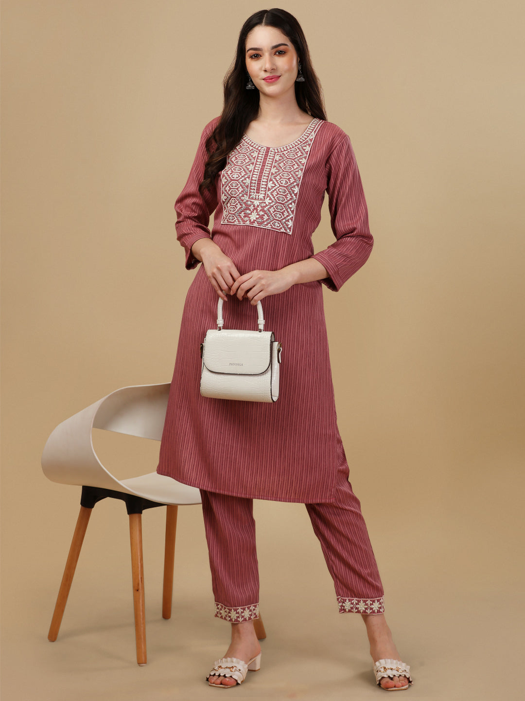 STRIPED PRINTED KURTI PANT SET-PEACH