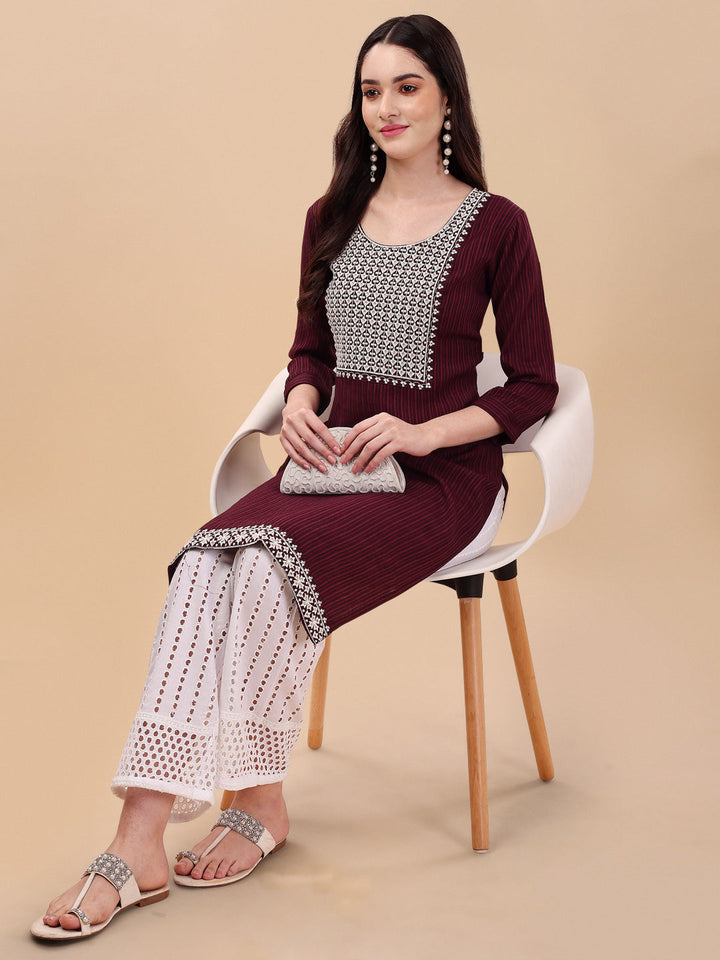 BROAD NECKED STRAIGHT EMBROIDERED  KURTI WITH PALAZZO -YELLOW