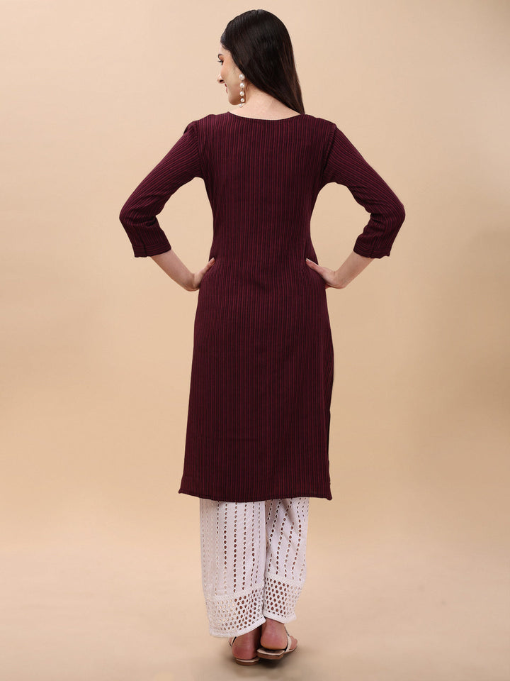 BROAD NECKED STRAIGHT EMBROIDERED  KURTI WITH PALAZZO -WINE