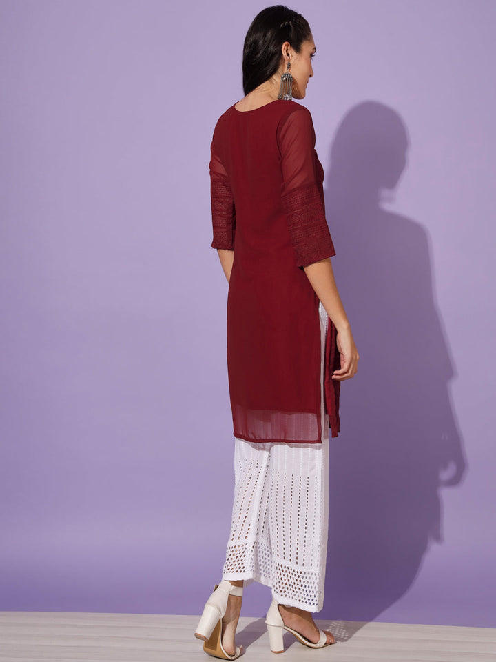 EMBROIDERY KURTI WITH PALAZZO - WINE