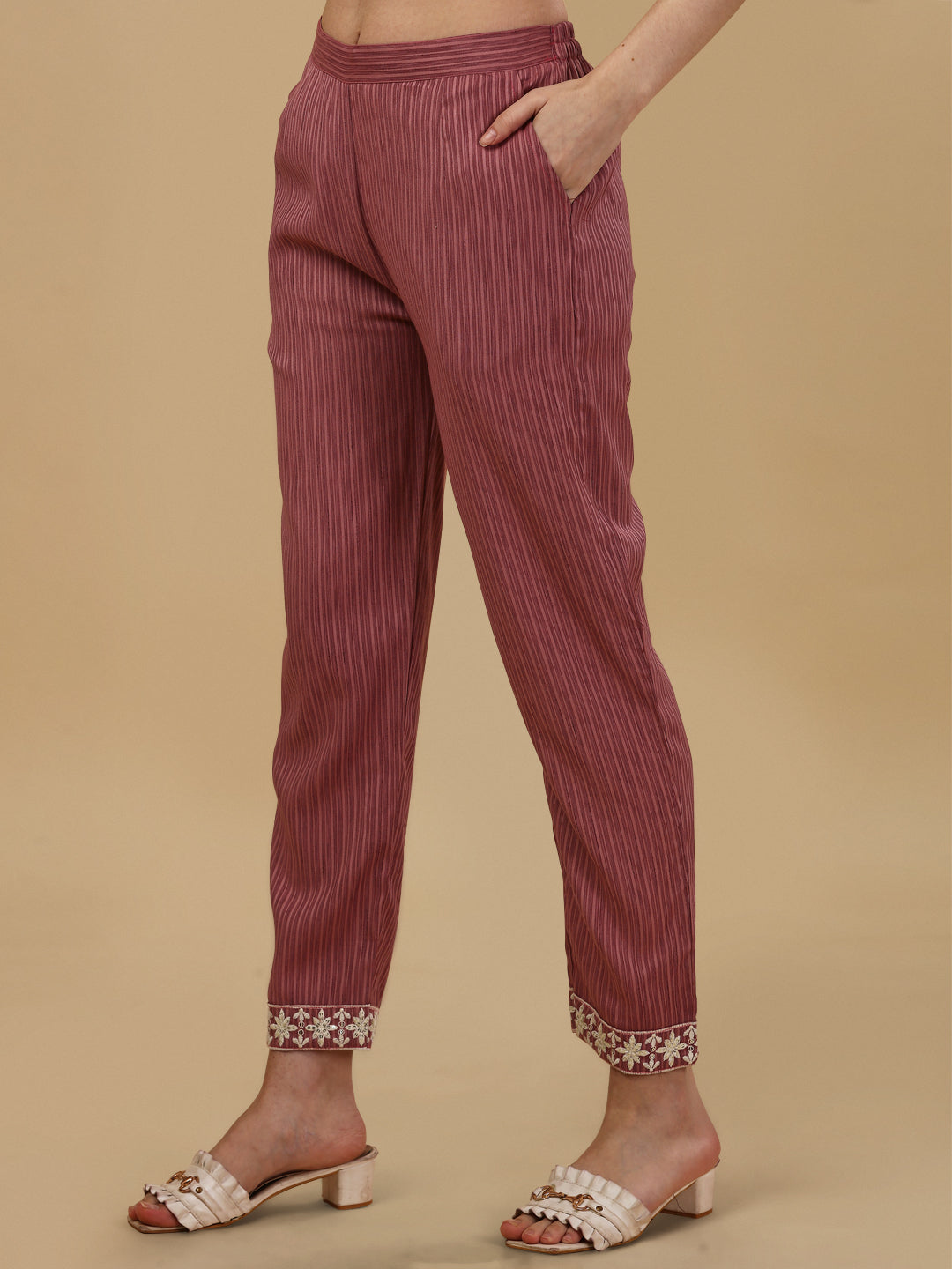 STRIPED PRINTED KURTI PANT SET-WINE