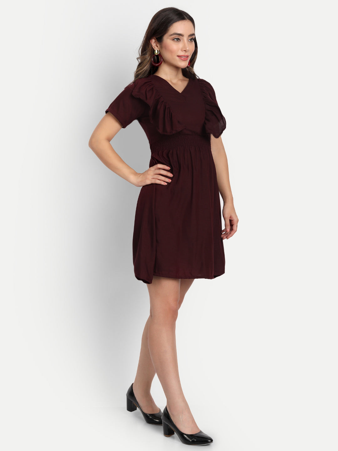 SOLID SHORT DRESS WITH RUFFLE-MAROON