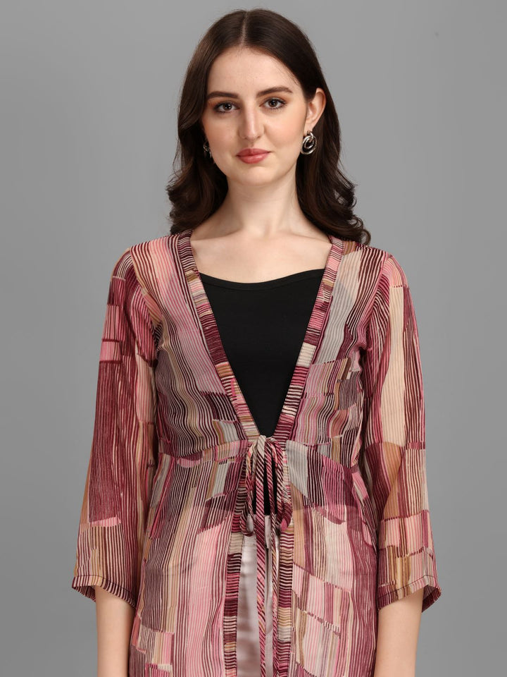 WOMEN PRINTED LONGLINE TIE-UP SHRUG - WINE