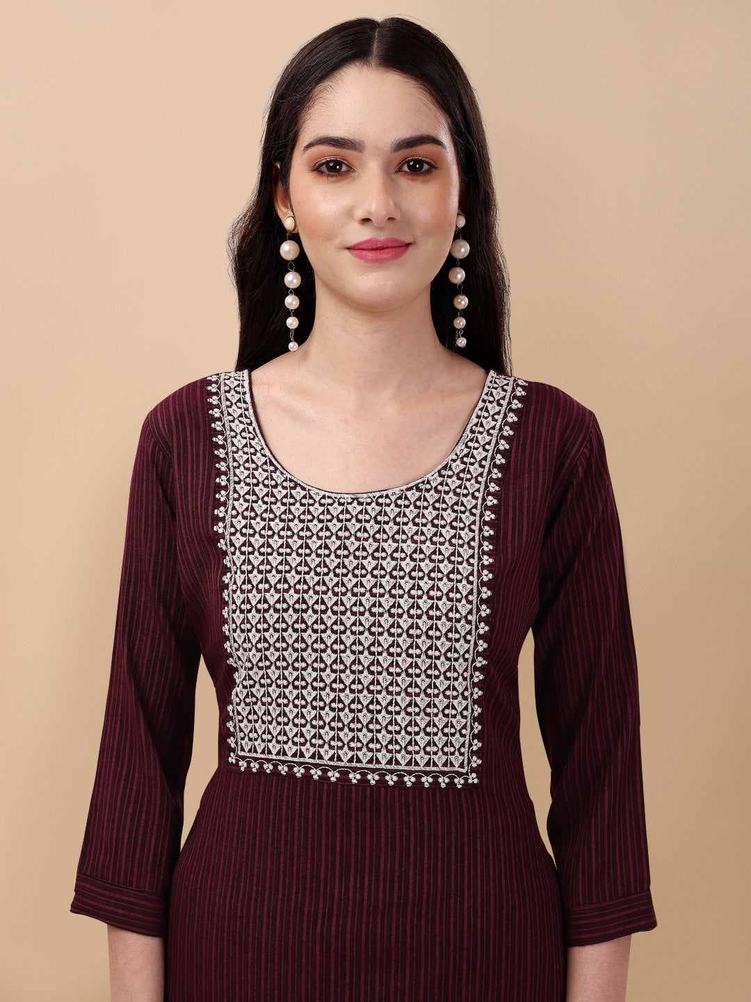 BROAD NECKED STRAIGHT EMBROIDERED  KURTI WITH PALAZZO -WINE