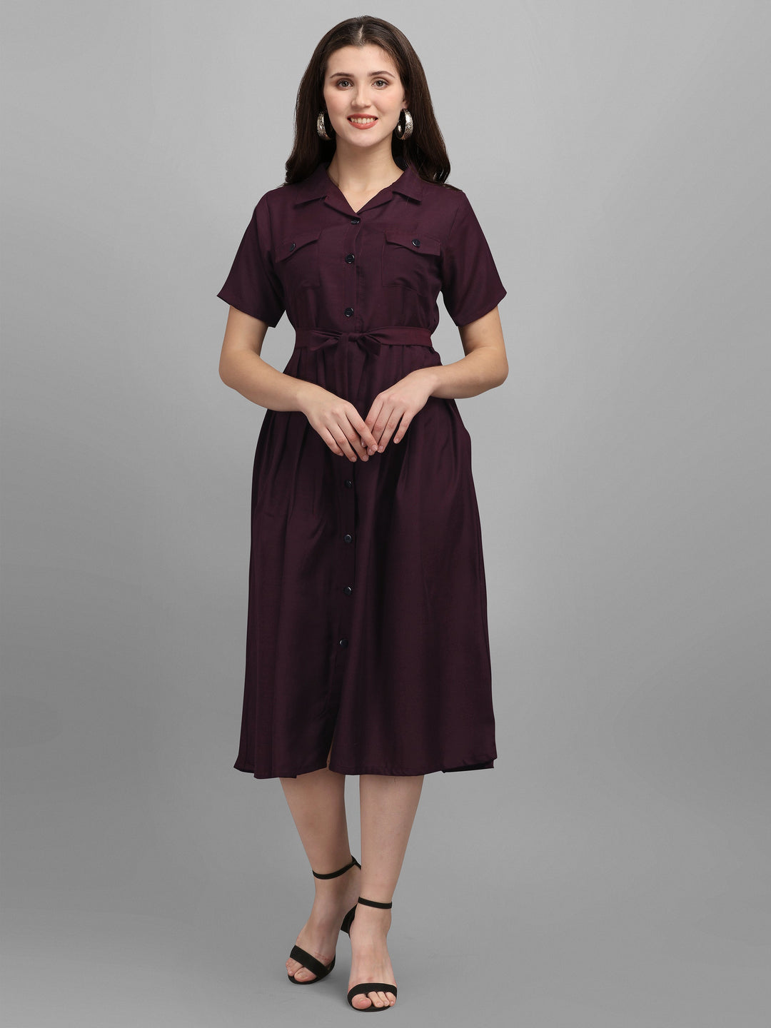 SOLID COLOURED SHIRT DRESS-WINE