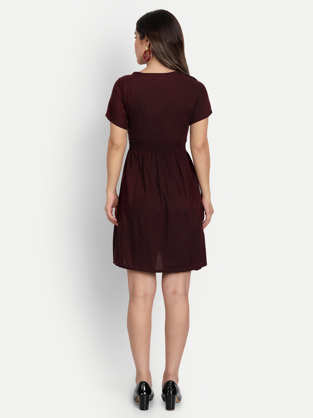 SOLID SHORT DRESS WITH RUFFLE-MAROON