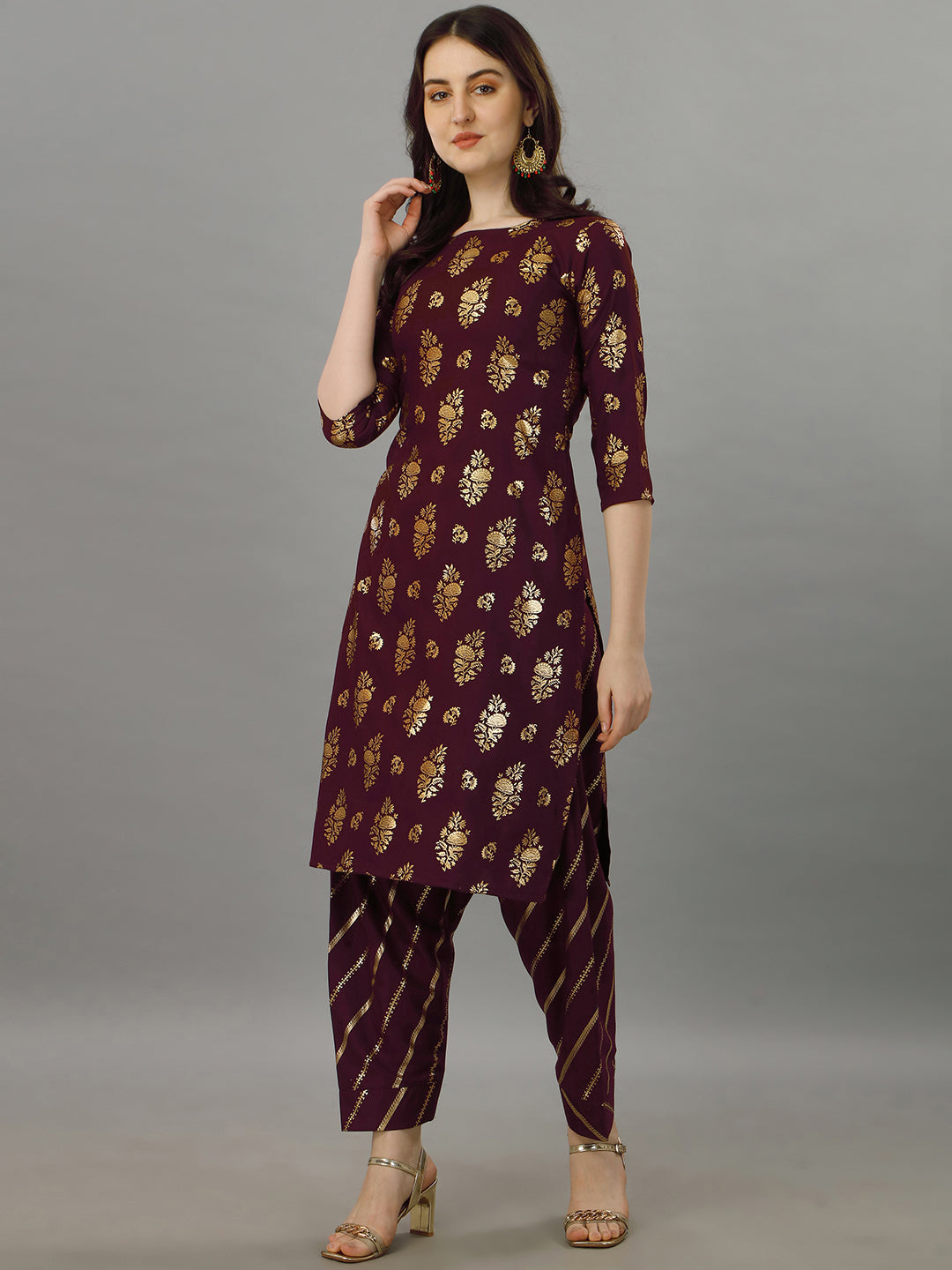 FOIL PRINTED KURTI SALAWAR SET-BEIGE