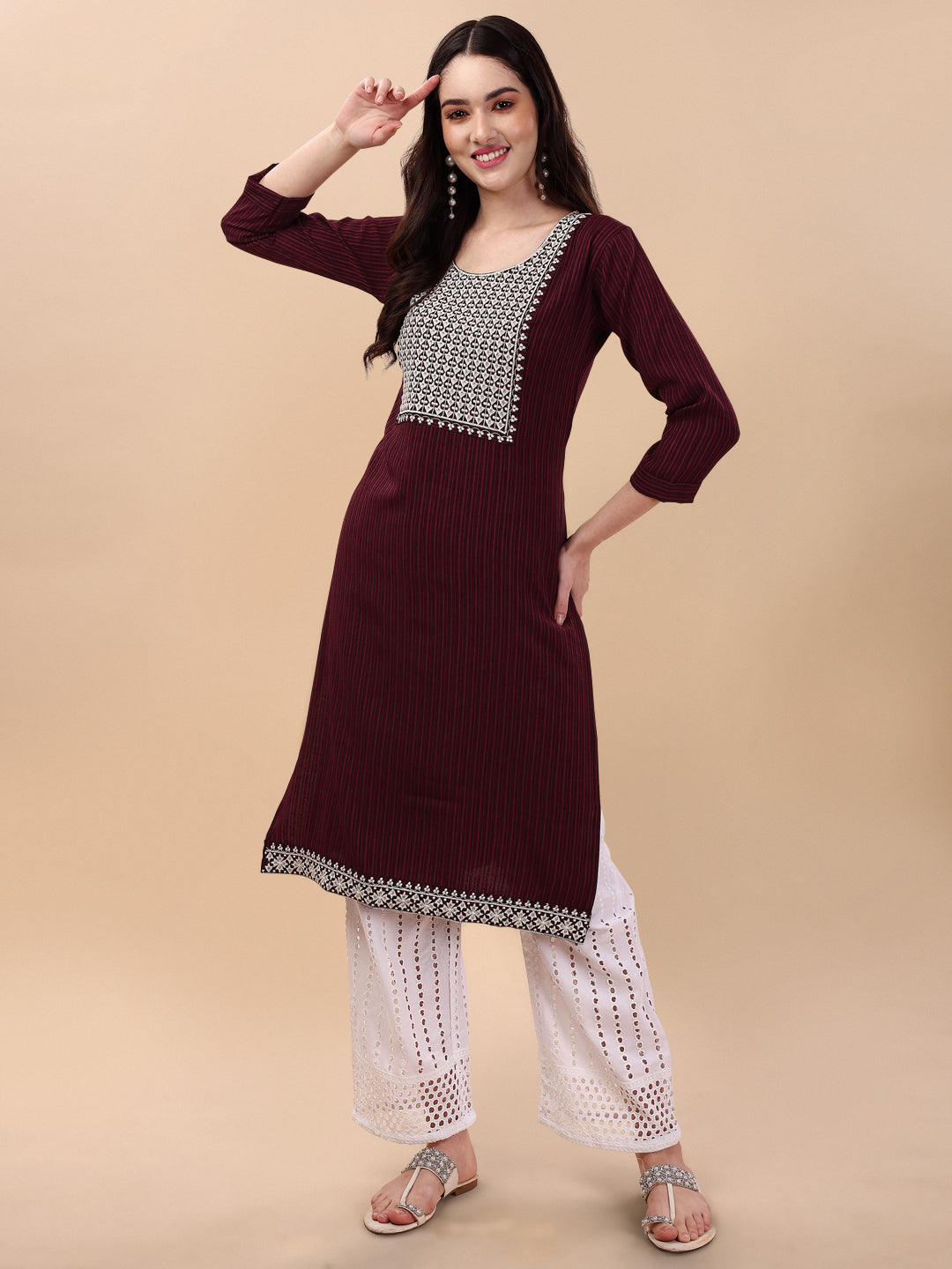 BROAD NECKED STRAIGHT EMBROIDERED  KURTI WITH PALAZZO -BLUE