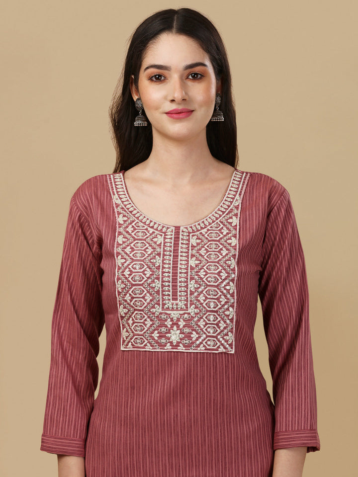 STRIPED PRINTED KURTI PANT SET-WINE