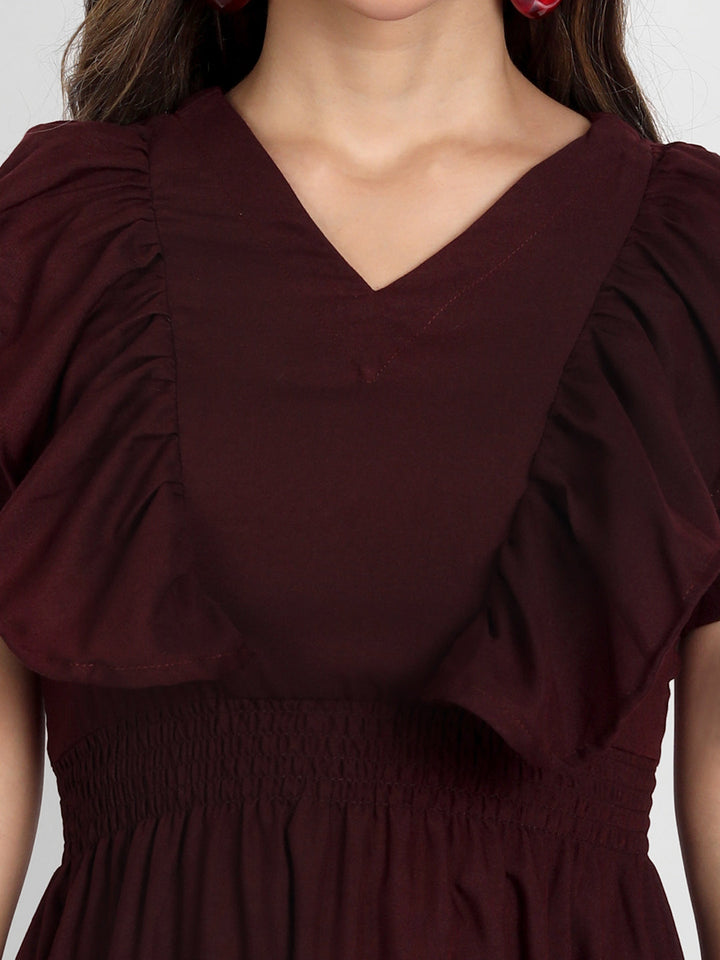 SOLID SHORT DRESS WITH RUFFLE-WINE