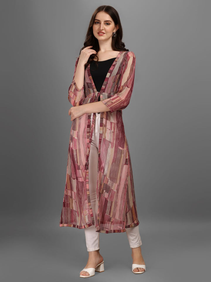 WOMEN PRINTED LONGLINE TIE-UP SHRUG - WINE