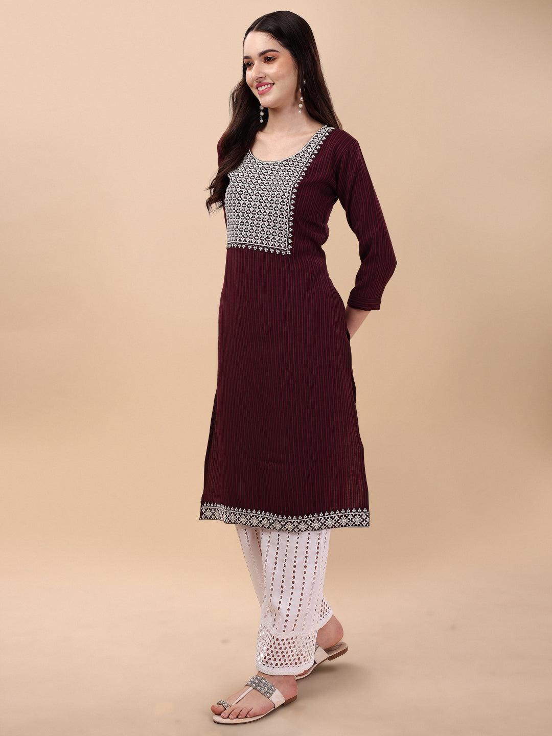 BROAD NECKED STRAIGHT EMBROIDERED  KURTI WITH PALAZZO -YELLOW