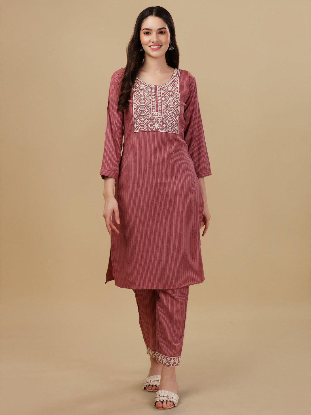 STRIPED PRINTED KURTI PANT SET-WINE